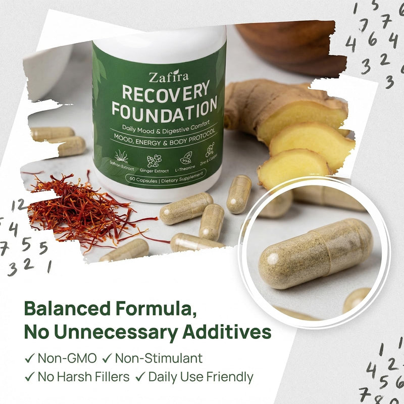 Zafira Organics Recovery Foundation Capsules – Mental Clarity & Daily Wellness Support, Saffron Extract, Ginger, L-Theanine, Myo-Inositol | Non-GMO Dietary Supplement, 60 Capsules