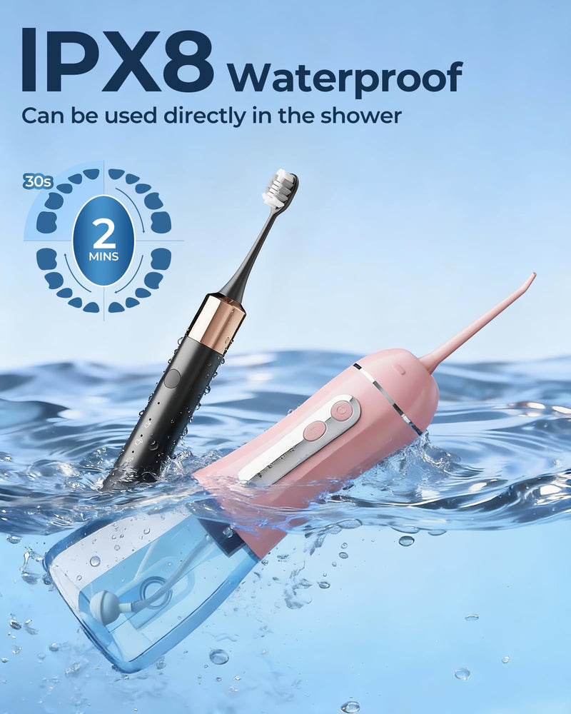 Electric Toothbrush Water Flosser Adults, Sonic Electric Toothbrush and Electric Floss for Adults and Kids, Water Dental Picks, Cleaning and Flossing Dental Care, Waterproof Pink-1