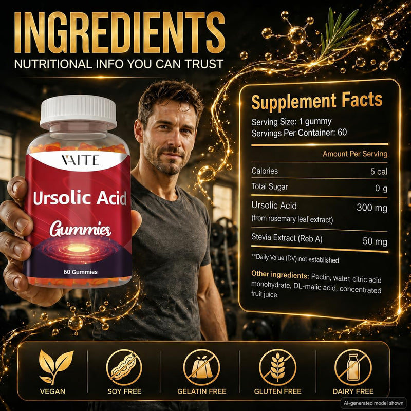 Ursolic Acid Supplement 300mg Vegan Gummies for Men & Women - Vegetarian Plant-Based Supplement for Strength, Endurance & Cellular Support, Joint-Friendly, Non-GMO, Gluten-Free, Soy-Free, 60 Chewables