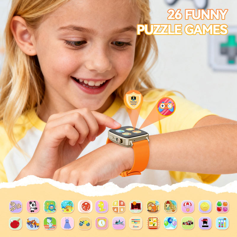 NBKLS Kids Smart Watches for Girls Boys, Kids Watch Toddler Toys for 4-12 Years Old, Watch for Kid with 26 Puzzle Games, Music Player, Camera & Video Recording Orange