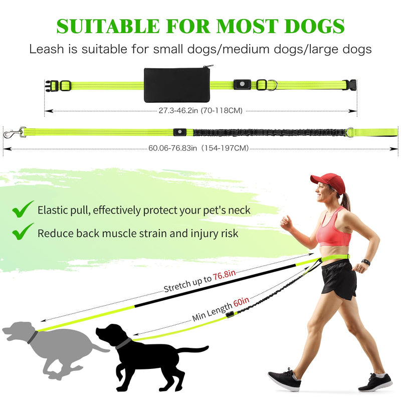 LED Hands Free Dog Leash, Waist Leash for Dog Walking, Retractable Bungee Light Up Dog Leash, LED Handless Dog Running Leash, Reflective Running Leash for Jogging Training Hiking (Green) Green