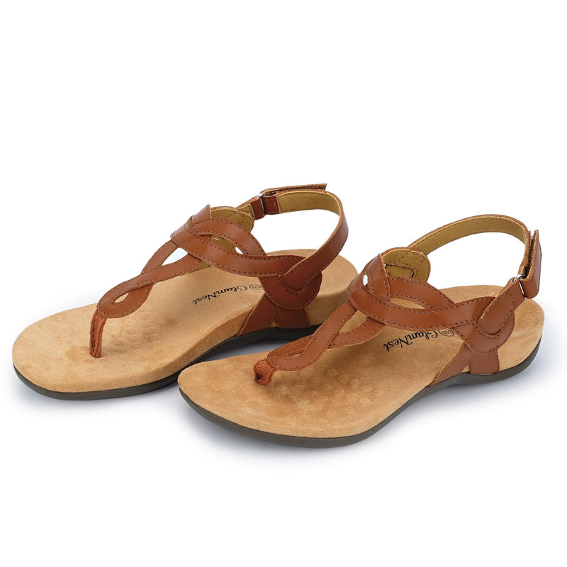 Women’s Orthopedic Arch Support Comfortable Walking Sandals, Orthotic Thong T-Strap Supportive Casual Flat Summer Sandals for Women 8.5 Brown