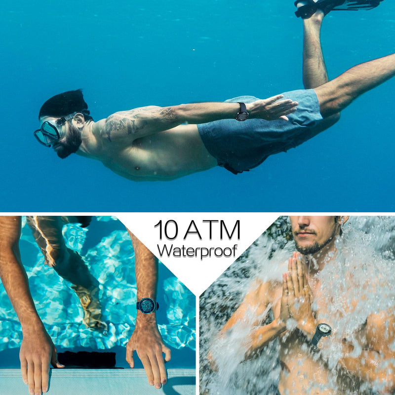 Swimming and Diving Wristwatch 10 ATM Waterproof Sports Watchwith Multiple Functions of Alarm Clock, Stopwatch, Countdown, Dual Time, 12 and 24 Hour Format Switchable, Silicone Band