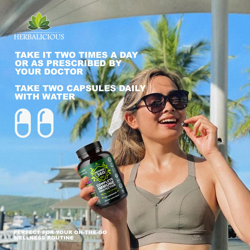Defence360 Immune Support 8-in-1 Supplement with Vitamin C, D3, Zinc, Elderberry, Echinacea, Turmeric, Ginger & Quinine, Immune Protection, Energy and Vigor, Brain Boost, Stress Relief (120 Capsules)