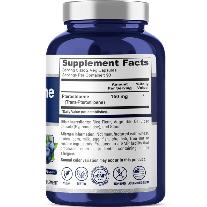 Pterostilbene, Non-GMO, Vegan, 150mg, 180 Veggie Capsules - 90 Servings | Dietary Supplement, Plant Based Formulation, Suitable for Adults, Manufactured in cGMP Registered Facility USA