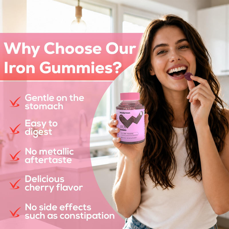 Wondermoon Iron Gummies for Women, Energy Support, Cherry Flavor, 60 Count | Iron Supplement with Vitamin C, B12, E, Folate for Iron Deficiency, Support Iron Levels, Energy & Stamina, Immunity Support