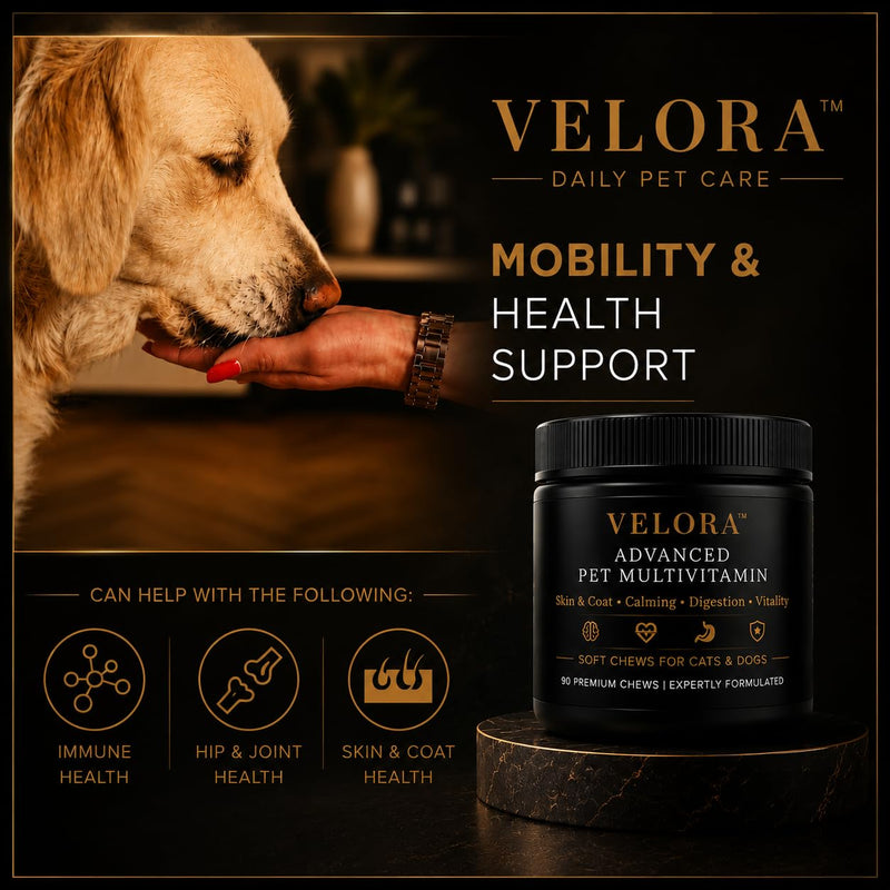 Velora Signature 5-in-1 Multivitamin Chews for Pets — Advanced Daily Wellness Support for Cardiac Health, Luxurious Skin & Coat, Digestive Comfort, Immune Defense, and Everyday Vitality • 90 Chews Dog