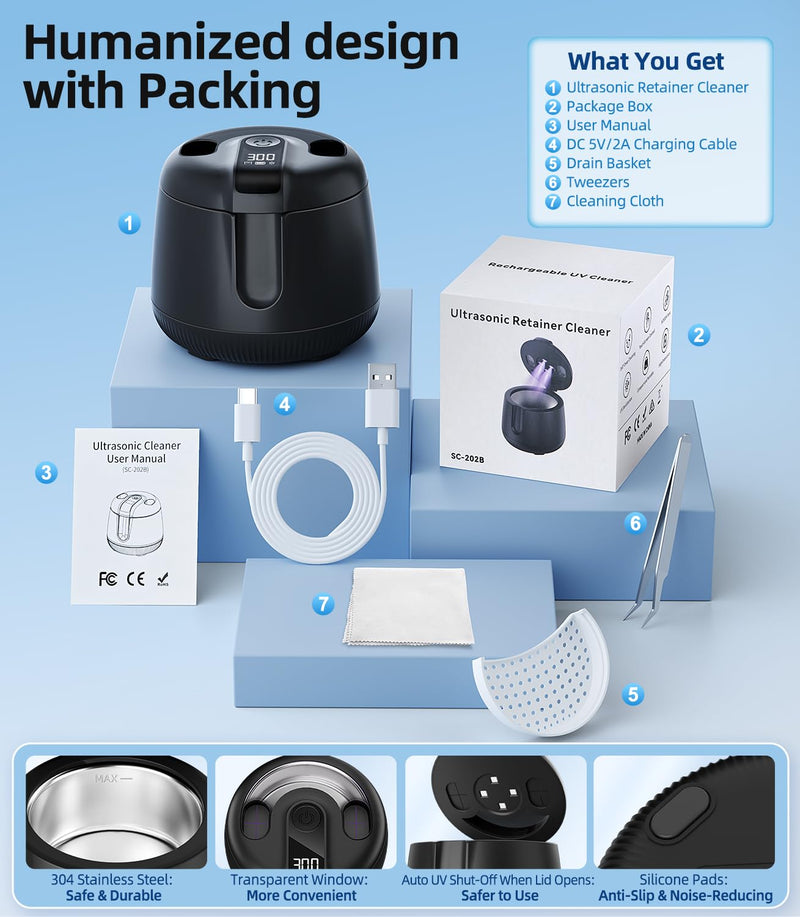Ultrasonic Retainer Cleaner Machine 48kHz, Cordless Dental Pod Ultrasonic Jewelry Cleaner Portable with Digital Timer & 200ML for Denture Aligner Night Mouth Guard Braces Electrochemistry Accessories - BeesActive Australia