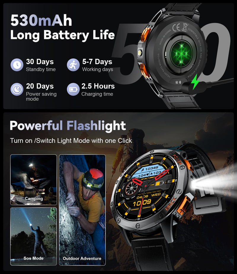 LIGE GPS Smart Watches for Men, Bluetooth Call, LED Flashlight, Compass, 1.43" AMOLED Fitness Watch with Heart Rate/Sleep Monitor, 100+ Sports Modes, iOS Android Compatible, Military Outdoor, Black DM1-E