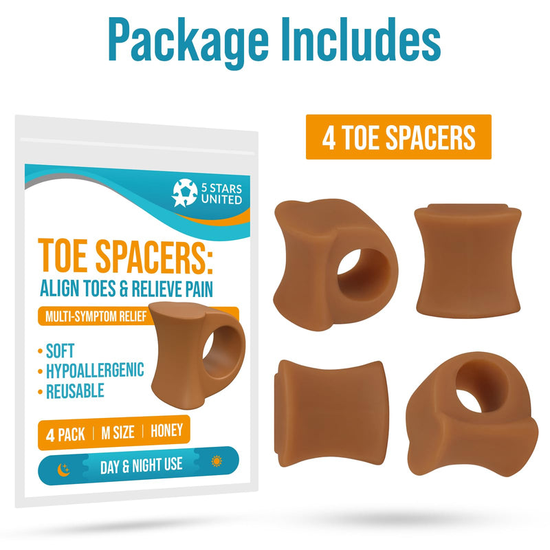 5 STARS UNITED Big Toe Spacers for Men & Women ‚Äì 4 Gel Separators for Overlapping & Curled Toes, Bunions, Alignment - Silicone Spreader, Corrector & Straightener, Honey Big 4 Pack Honey