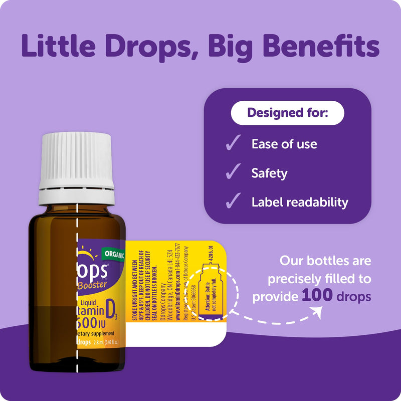 Ddrops Kids Booster 600IU 100 Drops - Daily Liquid Vitamin D for Kids. Support Strong Bones & Immune System in Children. No Preservatives, No Sugar, Non-GMO, Allergy-Friendly 0.09 Fl Oz (Pack of 1)