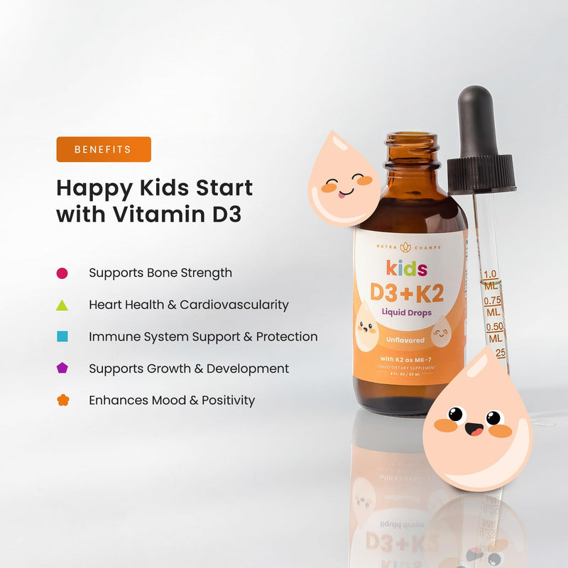 NutraChamps Kids Vitamin D 3 K2 Drops, Vitamin D3 & K2 MK-7, Liquid Vitamin D for Kids 1000 IU, Healthy Bones, Heart & Immune System, Sugar Free Supplement for Toddlers, 300 Servings 2 Fl Oz (Pack of 1) Kids Drops