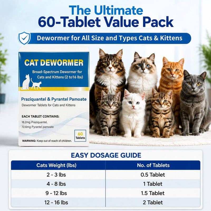 Cat Dewormer Tablet for Cats & Kittens – Praziquantel & Pyrantel Pamoate, Broad Spectrum Dewormer for Tapeworms, Roundworms & Hookworms, 60 Tablets