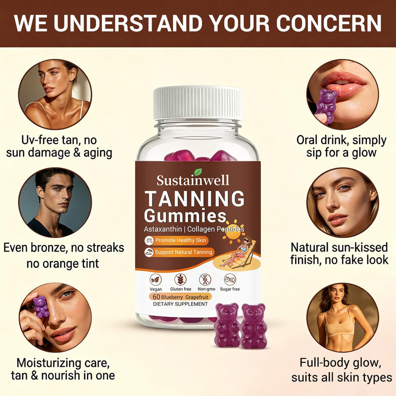 Tanning Gummies with Astaxanthin & Collagen for Women and Men Natural Sun-Kissed Tanning Supplement with Beta Carotene, Lycopene & Vitamins Skin Radiance & Hydration Vegan & Sugar Free 60 Count