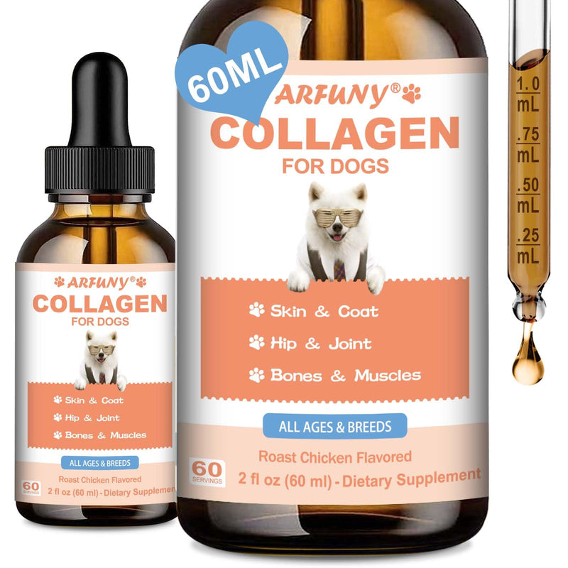 Collagen for Dogs, 60 ML, Roast Chicken Flavor | Grass Fed Dog Collagen, Hip & Joint, Skin & Coat, Digestion, Immune Support, with MSM, Hyaluronic Acid, Biotin
