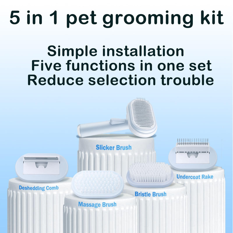 Cat & Dog Brush, 5 in 1 Pet Grooming Supplies Kit, Slicker Brush for Shedding, Dematting Undercoat Rake, Self Cleaning Comb for Indoor cats, Pet Hair Brushes Multifunction Set -Blue - BeesActive Australia