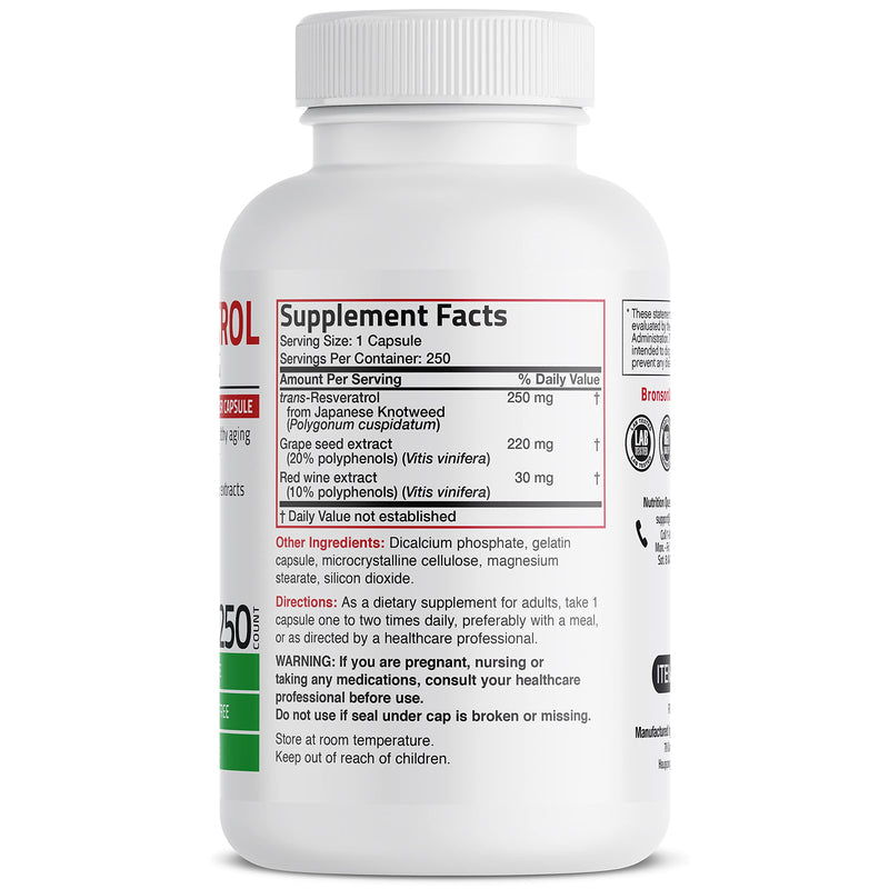 Bronson Resveratrol Complex 500 mg with Grape Seed & Red Wine, 250 Capsules | trans-Resveratrol from Japanese Knotweed, Healthy Aging & Cellular Support, Non-GMO, Gluten-Free & Soy-Free 250 Count (Pack of 1)