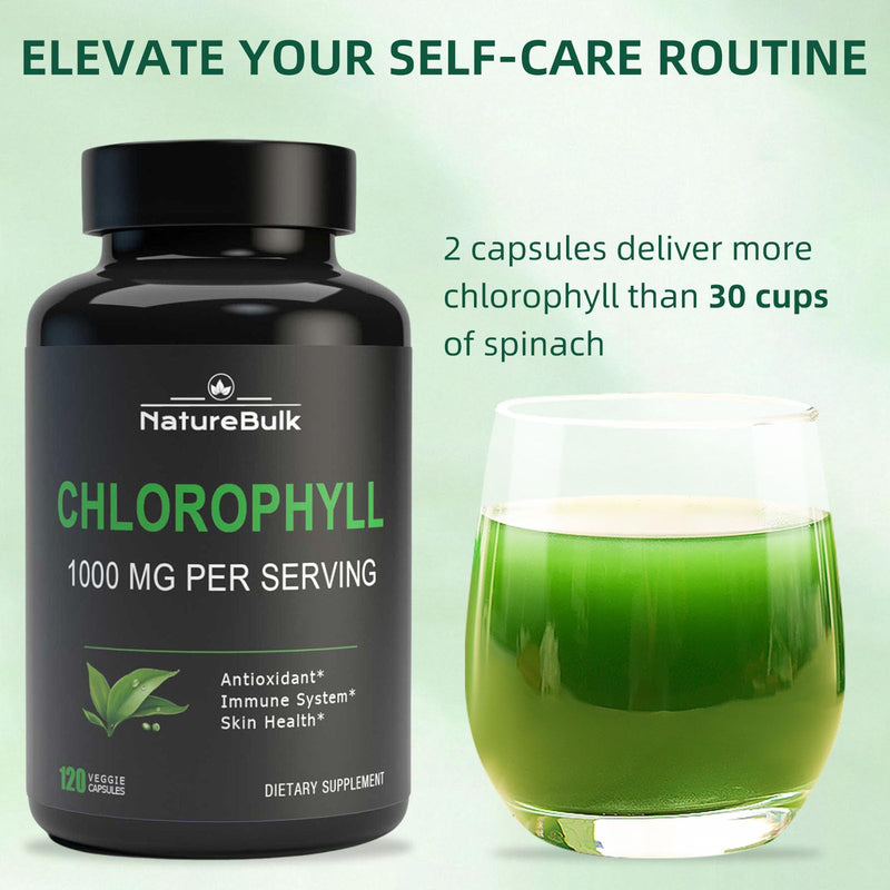 Chlorophyll Capsules 1000mg - 100% Natural Potency Concentration for Women & Men, Gut Health, Skin Support - Natural Energy Booster, 120 Capsules