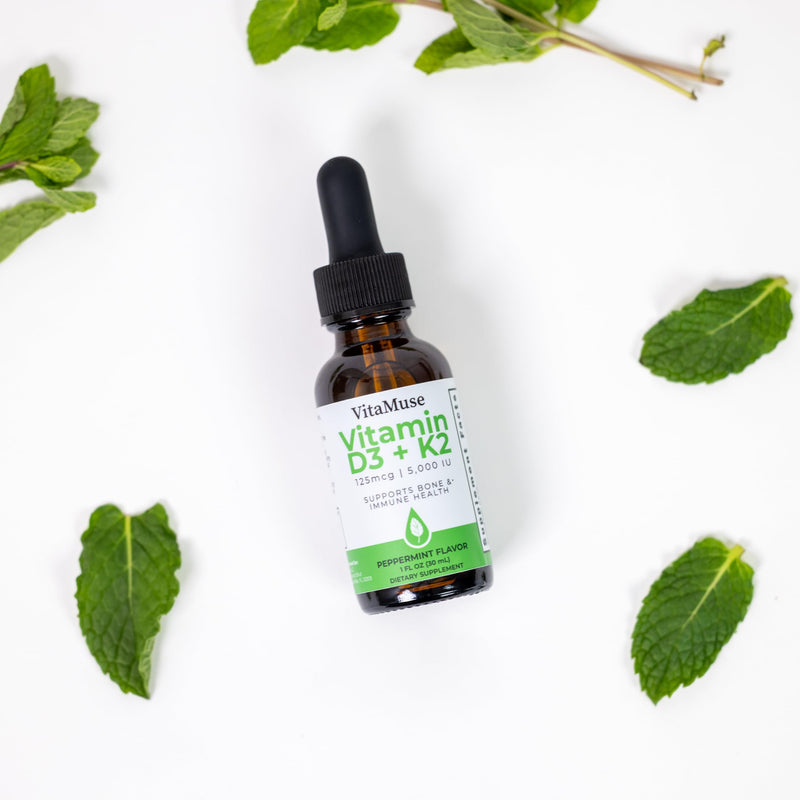 Vitamin D3 + K2 Drops, 5000 IU D3, 100 mcg K2 MK-7, Peppermint Flavor, Liquid Tincture with Organic Oils, Non-GMO, Gluten-Free, 1 fl oz