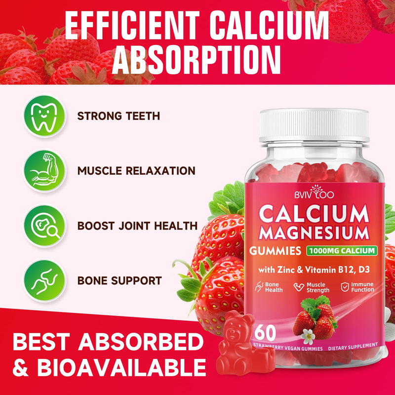 Calcium Gummies 1000mg with Vitamin D3 K2 & B Complex, Potassium, Calcium Magnesium Zinc Gummies for Bone, Muscle, Mood and Immunity - Vegan, Non-GMO, Strawberry Flavor 120 Count 2 Pack (120 Count)