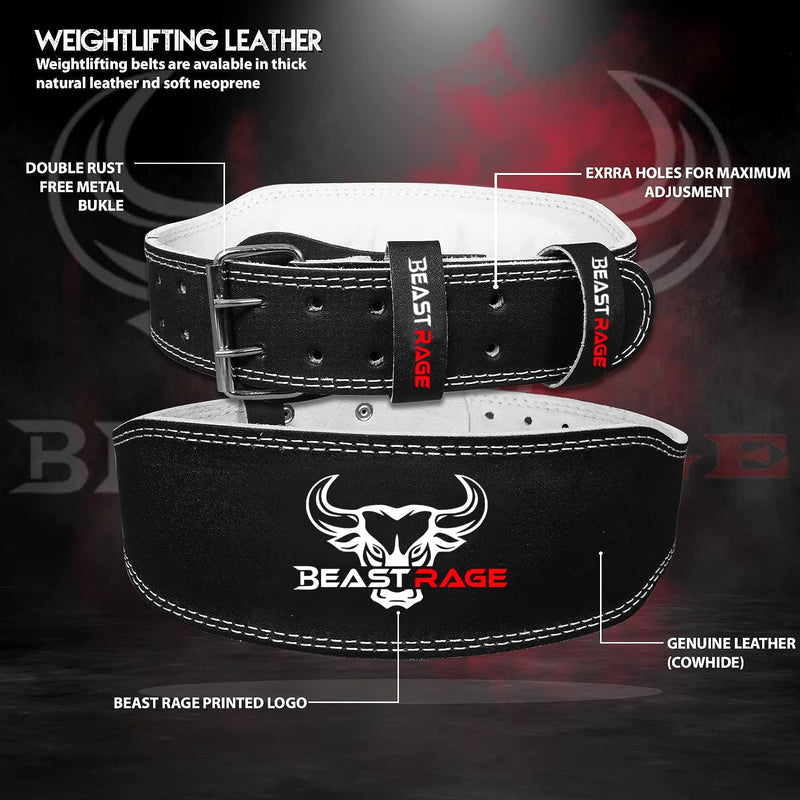 BEAST RAGE Weight Lifting Belt Leather Heavy Duty Gym Body Building Workout Training Weight Lifting Belt Adjustable Holes 4” Padded Lumbar Back Support Exercise Powerlifting Fitness Strength… L Black