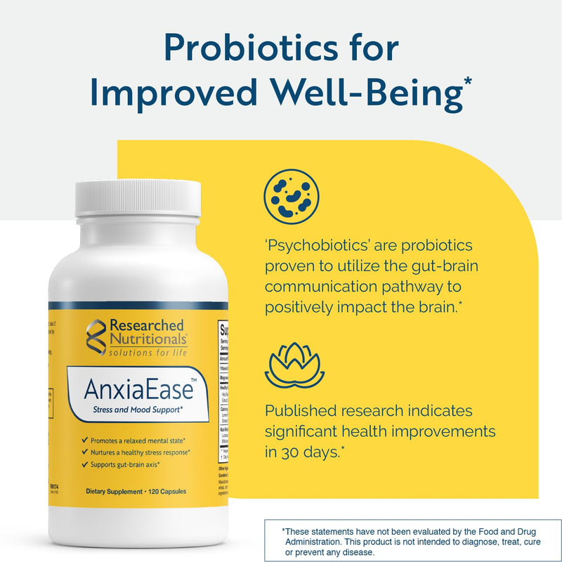 Researched Nutritionals AnxiaEase - Stress, Cortisol Management & Mood Support Supplement - Botanicals, Vitamin B6, Magnesium & 'Psychobiotic' Probiotic Strains (120 Capsules)