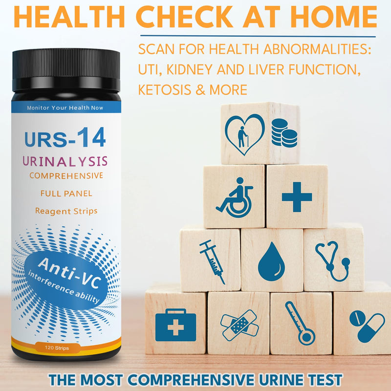 14-URS Reagent Test Strips [120 ct] for Urinalysis and Detection of UTI, LEK, Pro, Ket and More, Comprehensive Test - for Men & Women at Home Use with Reliable Results in 60 sec.