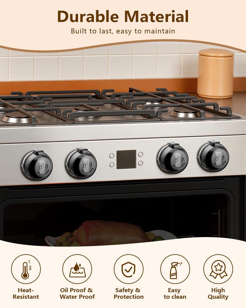 Stove Knob Covers - 5 Pack Heat Resistant Gas Stove Knob Covers with Child Proof Lock & Strong Adhesive, Oil-Proof Oven Knob Covers with Semi-Transparent Design, Black