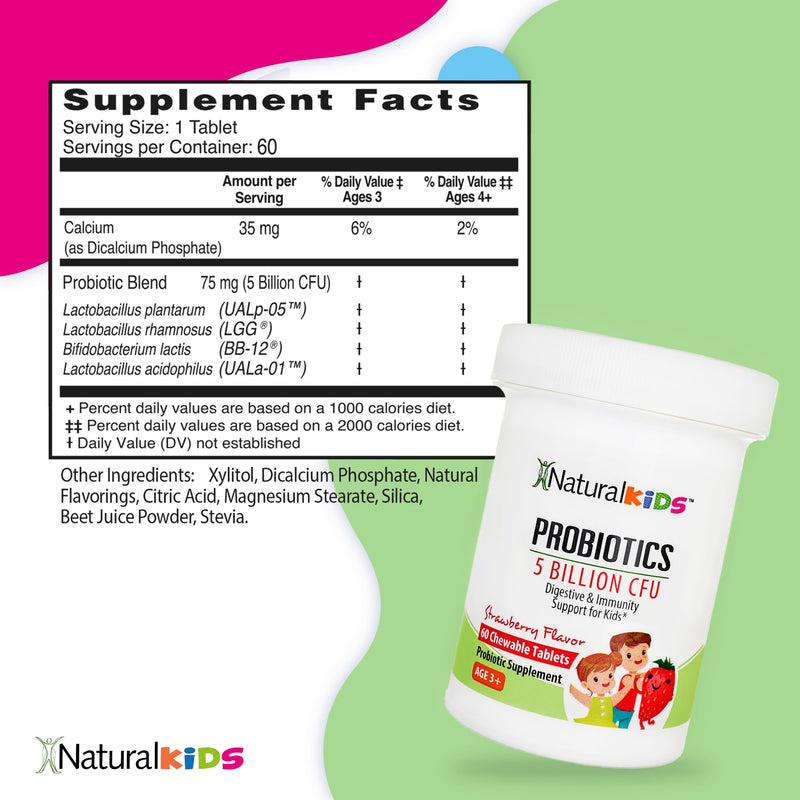 NaturalSlim Kids Probiotics for Digestive & Gut Health, Immune Support, 5 Billion CFU with LGG, BB-12 & 4 Probiotic Strains, 35 mg Calcium, for Children Ages 3+, Strawberry Flavor, 60 Chewable Tablets | Digestive Health, Immune Support, Kids Gut Health...