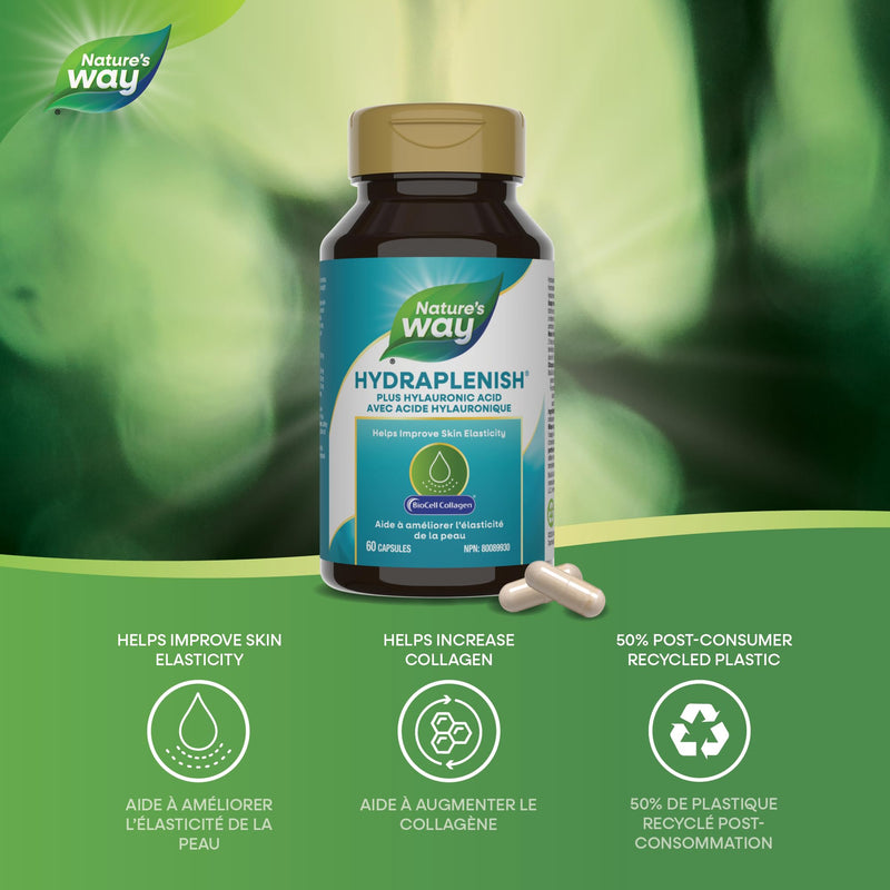 Nature's Way Hydraplenish, BioCell Collagen Hyaluronic Acid Capsules, 60 ct | Skin Collagen and Elasticity Support Supplement*, Formulated with the BioCell Complex Including Chondroitin Sulfate