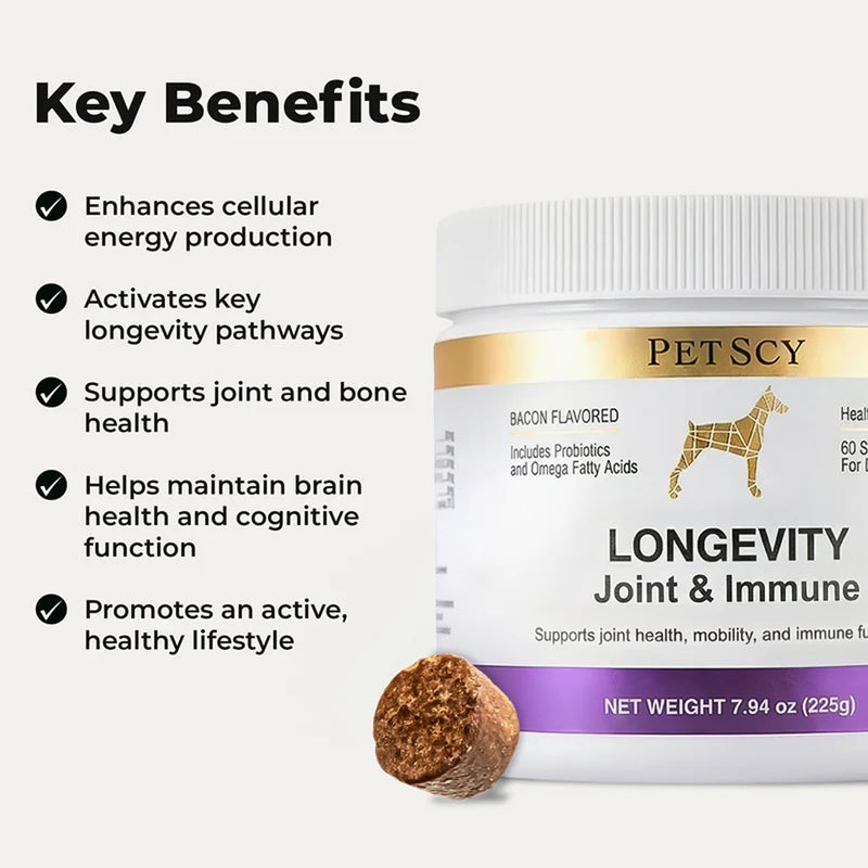 Petscy Longevity Hip & Joint + Immune Support Chews for Dogs - 3.75g Chew - High Dose Glucosamine, MSM, Chondroitin, Green Lipped Mussel, Omega 3, Probiotics - 60 Chews (Small & Medium Dogs) Small / Medium Dogs (0–64 lbs)
