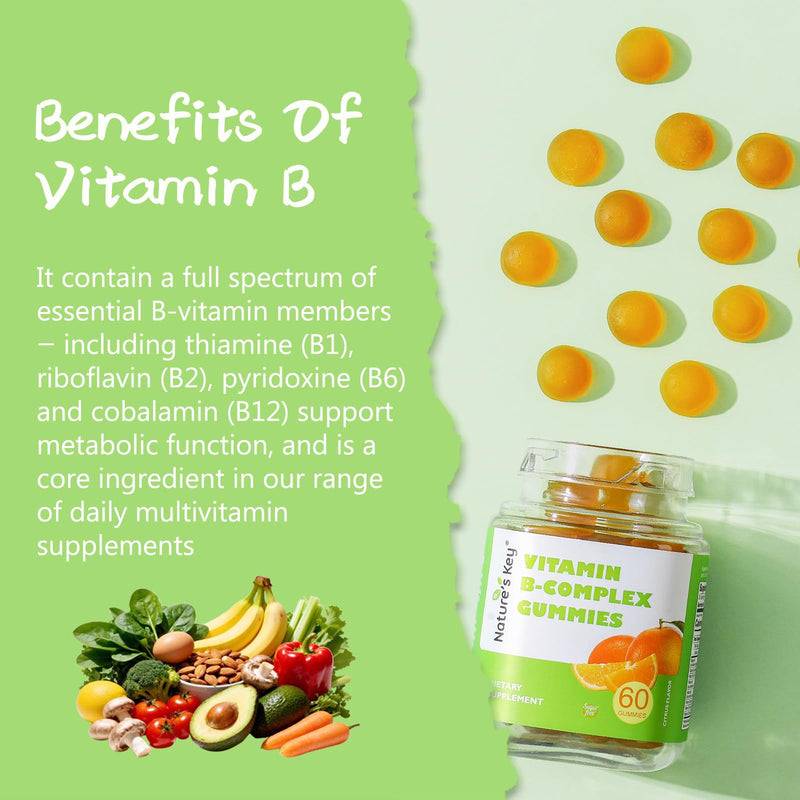Nature's Key Vitamin B-Complex Gummies for Women & Men - Vitamin B1, B2, B3, B5, B6, B7, B9, B12 Supplements for Immune & Cellular Energy Support, Orange Flavor, 60 Count (30 Days Supply)