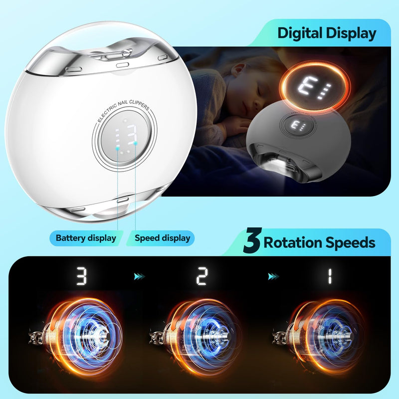 【3 Speeds】 Alinsea Electric Nail Clipper,Electric Automatic Nail Clipper with LCD Digital Display,Safety Electric Trimmer for Baby Seniors and Adults,White/Clear White/Clear