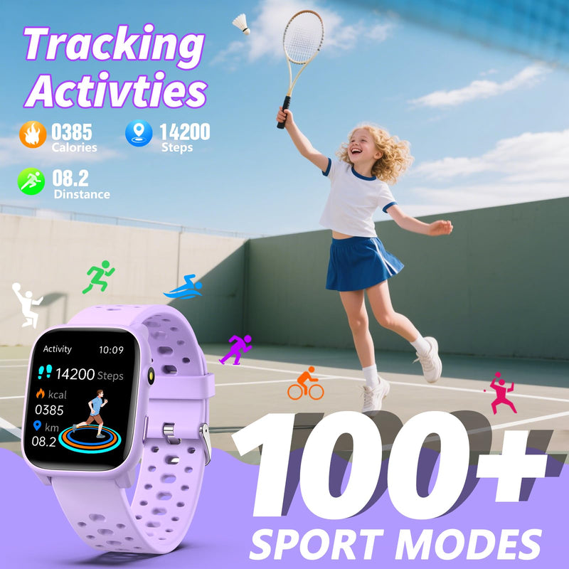 Smart Watch for Kids, 1.83" Fitness Tracker Watch Pedometer, Heart Rate, Sleep Monitor, IP68 Waterproof, Pedometer, Puzzle Games with/Without APP for Girls Boys Teens 6-16 Purple