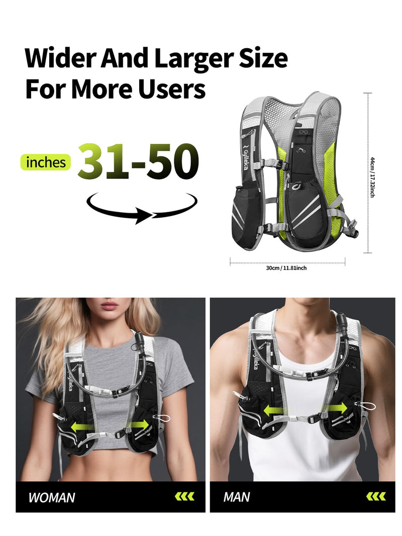 Hydration Backpack, Lightweight Breathable Reflective Pack Adjustable Chest Straps for Running, Marathons, Cycling, Hiking, Trail Vest 1.5L Water Bladder