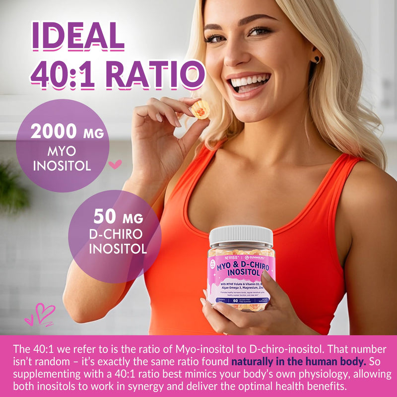2 Pack Myo-Inositol & D-Chiro Inositol Gummies for Women, Ideal 40:1 Ratio | Female Health Support with Myo 2000mg, D Chiro 50mg, Omega 3, Folate, Vitamin D3, B12, Magnesium & Zinc, Vegan, Sugar Free 60 Count (Pack of 2)