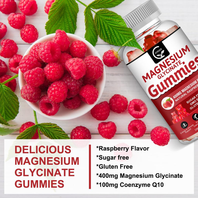 Magnesium Glycinate Gummies 400mg, Mg Potassium Supplement with Chelated Magnesium Malate Complex, Vitamin D, B6, and CoQ10, Supports for Memory, Calm, Mood & Sleep - 60 Count (Pack of 2) Raspberry 60 Count (Pack of 2)