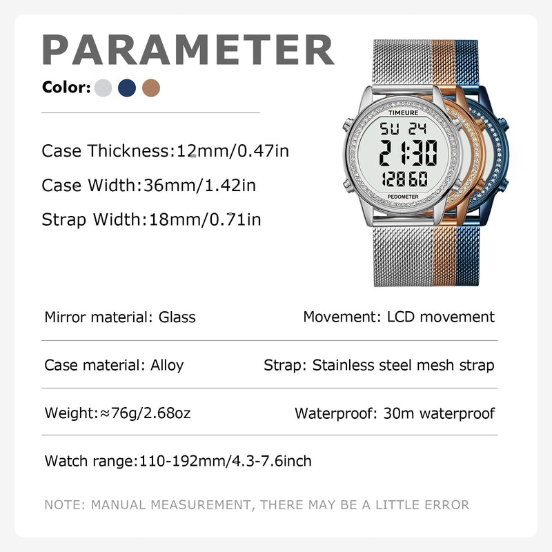 Women's Step Counter Pedometer Watch with Stainless Steel Bracelet, Stylish Design, No App, No Charging Needed for Step, Calorie, Distance, Alarm, Countdown Timer，TU-2401 CRYSTAL Silver - BeesActive Australia