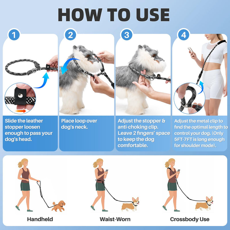 Lukovee Slip Lead Dog Leash, 5-7 FT x 1/2" Adjustable Tangle Free Leash, Heavy Duty Comfortable Reflective No Pull Training Rope Lead with Padded Handle for Medium Large Dogs (Black, L: 5-7 FT) 5–7 ft, 1/2'', for Medium Large Dogs Black - BeesActive Australia