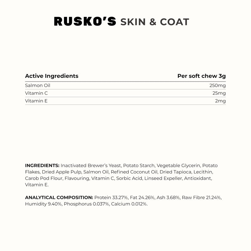 Rusko's Skin & Coat Supplement for Dogs | Soothes Itchy Skin, Restores Coat Condition & Supports Skin Barrier Health | Salmon Oil, Vitamin C & Vitamin E | 120 Soft Chews