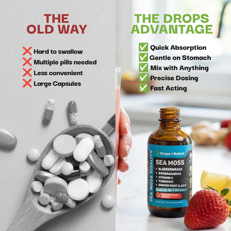 Drops Of Nature Sea Moss Vitality Drops - Strawberry Ginger Lemonade, 60 mL | 7-in-1 Vitality Blend with Seamoss, Ashwagandha, Vitamin C, Tumeric, Apple Cider Vinegar, Ginger & Bladderwrack, Vegan Drops