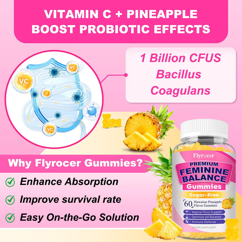 60 Count Feminine Balance Gummies for Women, Pineapple Flavor | PH Balance Gummies Support Women's Health, Vaginal Flora, Gut Health & Immune System, Vegan, Gelatin & Gluten-Free 60 Count (Pack of 1)
