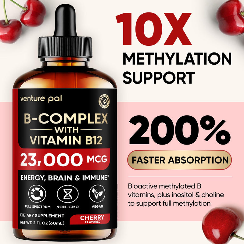 Vitamin B Complex 23000mcg - Methyl B12| B9 Folic|B7 Biotin,B1,B2,B3,B5,B6 | Vitamin B Complex Liquid Drops for Men & Women with Vitamin C, Choline & Inositol for Energy, Immune & Brain Support - 2Oz 2 Fl Oz (Pack of 1) V2-cherry