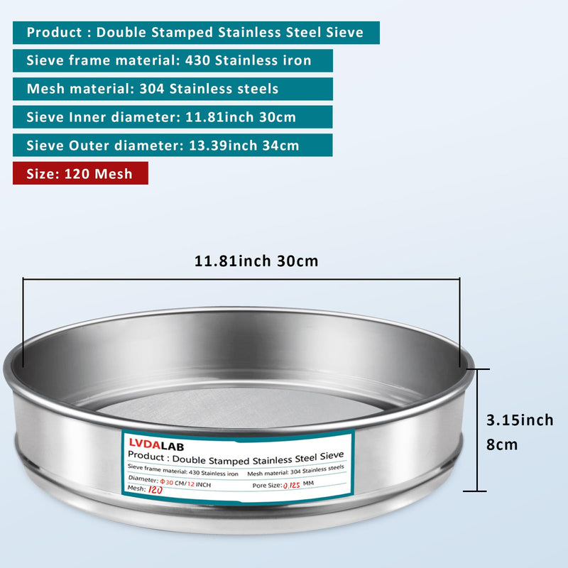 304 Stainless Steel Lab Sieve Screen Mesh, 120 Mesh (0.125mm) Aperture Test Sieve, 12Inch(30cm) Diameter Economy Standard Analysis Sample Test Sieves for Industrial Laboratory Homes 120Mesh(0.125mm)/Ф12in/30cm - BeesActive Australia