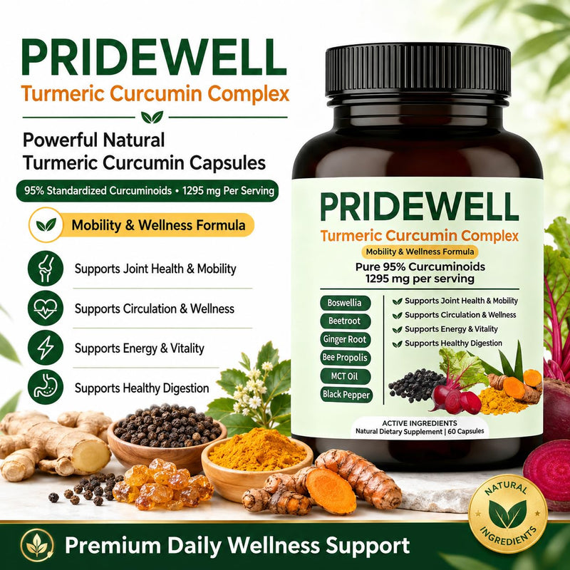 PRIDEWELL Powerful Natural Turmeric Curcumin Capsules | (1,295 MG) 95% Curcuminoids with Bee Propolis, Ginger, MCT Oil, Fat-Soluble Vitamin C, Beetroot & Black Pepper | 60 Capsules