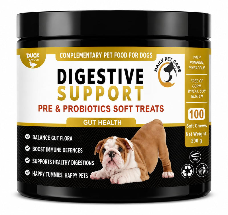 Probiotics for Dogs – Dog Probiotic Soft Chews Duck Flavour with 5 Billion CFU Pre & Probiotics – Daily Digestive & Gut Support Supplement for Dogs – Pumpkin & Linseed Oil – 100 Chews
