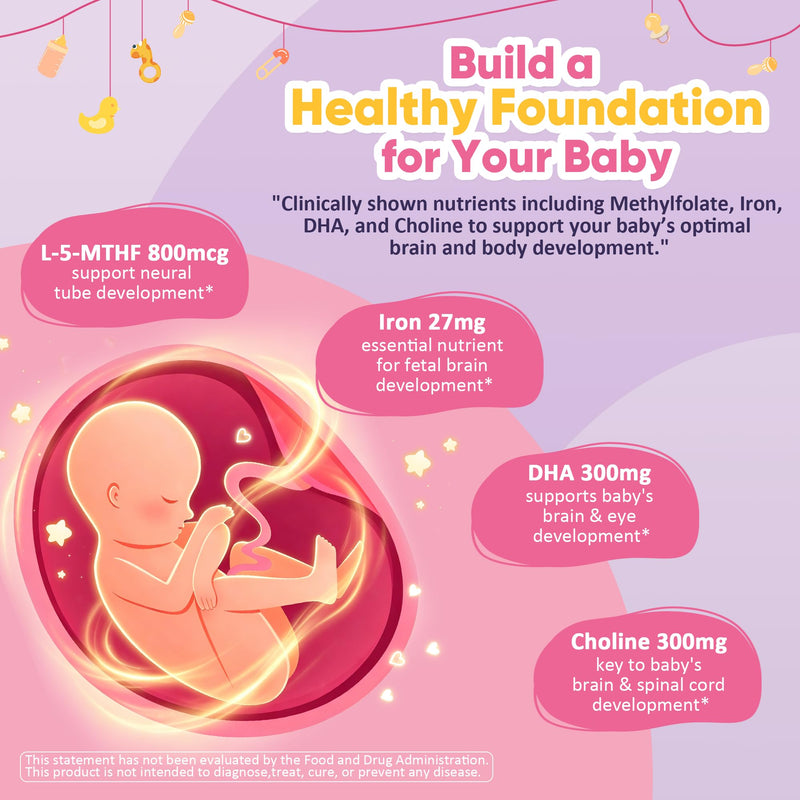 Prenatal Vitamins for Women, Prenatal Multivitamin Gummies + Methylfolate, Iron, Omega-3, Choline, Ginger, Probiotic, Vitamin A C D3 B6 B12 for Before, During & After Pregnancy, NO Sugar, Vegan, 60Cts