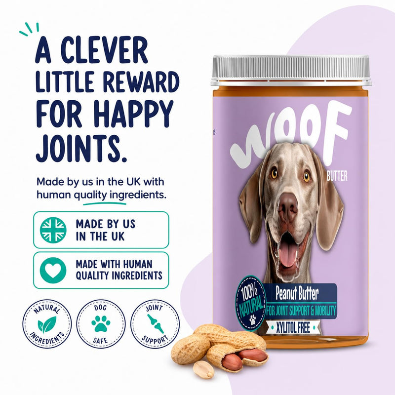 Joint Support Dog Peanut Butter | Xylitol Free Peanut Butter for Dogs | Lick Mats & Enrichment Toys | Woof Butter | 400g