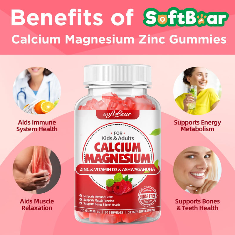 softbear Calcium Magnesium Zinc Gummies for Women, Calcium Magnesium Supplement with Vitamin D3 for Bone Strength, Vegan/Sugar-Free, Raspberry Flavor 60 Count 60 Count (Pack of 1)