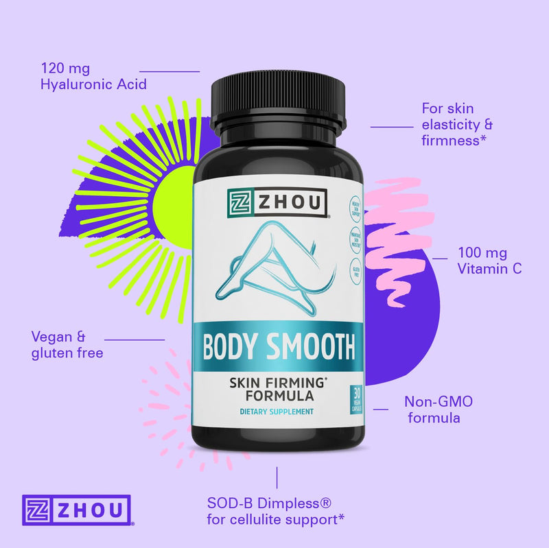 Zhou Body Smooth - Cellulite Pills for Women, Legs, Butt - 30 Capsules | Dimpless Anti Cellulite Supplement for Firm Smooth Skin with Hyaluronic Acid & Vitamin C, Skincare Thigh, Supports Hydration
